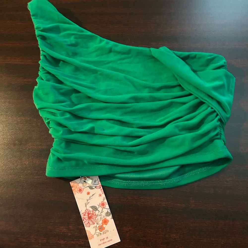 Green One-Shoulder Ruched Top